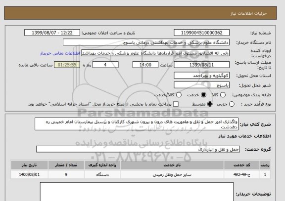 استعلام واگذاری امور حمل و نقل و ماموریت های درون و بیرون شهری کارکنان و پرسنل بیمارستان امام خمینی ره دهدشت