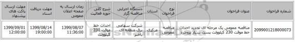 مناقصه عمومی یک مرحله ای تجدید احداث خط موقت 230 کیلوولت پست سیار بروجرد