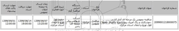 مناقصه عمومی یک مرحله ای آچار کشی ،جوشکاری  و رنگ آمیزی پیچ و مهره دکلهای خطوط فوق توزیع و انتقال استان مرکزی