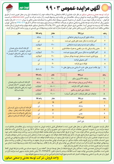 مزایده, مزایده مقداری از اقلام ضایعاتی و بلااستفاده و...- نوبت دوم 