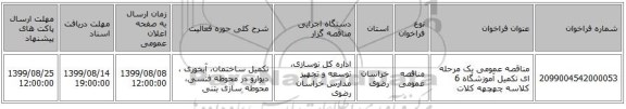 مناقصه عمومی یک مرحله ای تکمیل آموزشگاه 6 کلاسه چهچهه کلات 