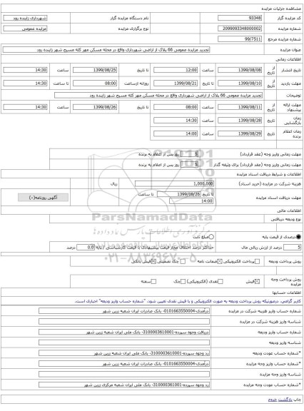 تجدید مزایده عمومی 66 پلاک از اراضی شهرداری واقع در محله مسکن مهر کله مسیح شهر زاینده رود 