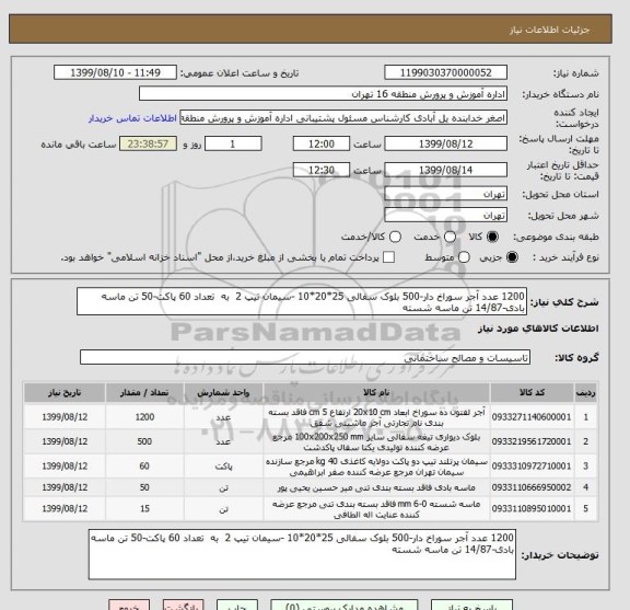 استعلام 1200 عدد آجر سوراخ دار-500 بلوک سفالی 25*20*10 -سیمان تیپ 2  به  تعداد 60 پاکت-50 تن ماسه بادی-14/87 تن ماسه شسته