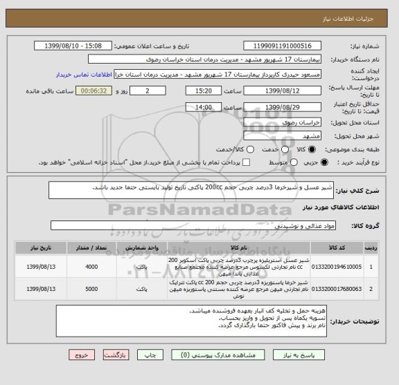 استعلام شیر عسل و شیرخرما 3درصد چربی , سامانه ستاد