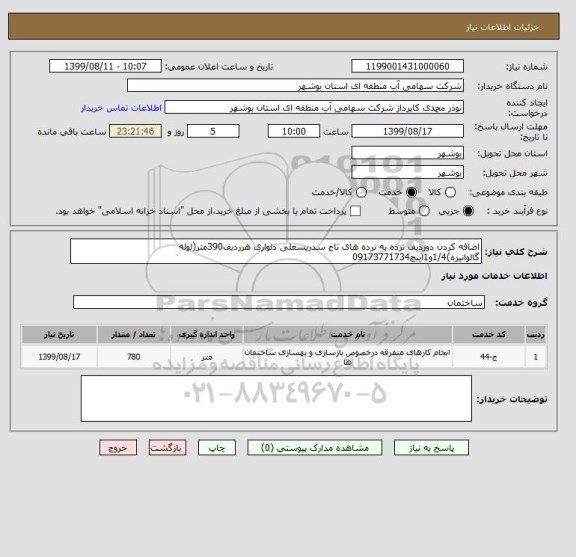 استعلام اضافه کردن دوردیف نرده به نرده های تاج سدریسعلی دلواری هرردیف390متر(لوله گالوانیزه)1/4و1اینچ09173771734