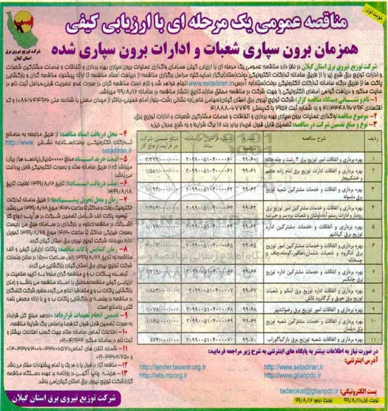 مناقصه عمومی , مناقصه واگذاری عملیات برون سپاری بهره برداری و اتفاقات و خدمات مشترکین شعبات و ادارات