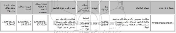 مناقصه عمومی یک مرحله ای مناقصه واگذاری امور خدمات چاپ و صدور شناسنامه در منطقه پستی جنوب تهران