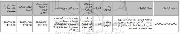 مناقصه عمومی یک مرحله ای بهره برداری ، نگهداری و تعمیرات تجهیزات و تاسیسات خط انتقال آب رسانی از سد کوچری به شهر قم 