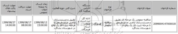 مناقصه عمومی یک مرحله ای تطبیق و مستندسازی اراضی منابع طبیعی تا مرحله تثبیت فاز یک واقع در شهرستان بشاگرد