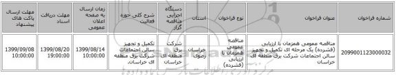 مناقصه عمومی همزمان با ارزیابی (فشرده) یک مرحله ای تکمیل و تجهیز سالن اجتماعات شرکت برق منطقه ای خراسان