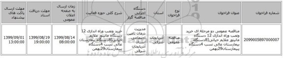 مناقصه عمومی دو مرحله ای خرید ونصب وراه اندازی 12 دستگاه مانیتور علایم حیاتی(8دستگاه بیمارستان عالی نسب 4دستگاه یبیمارستان29بهمن 