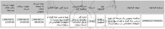 مناقصه عمومی یک مرحله ای تهیه و نصب پایه فلزی و فونداسیون بتنی تابلوهای اطلاعاتی در سطح استان 