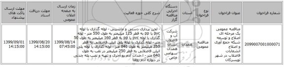 مناقصه عمومی یک مرحله ای اصلاح و توسعه شبکه جمع آوری و اصلاح انشعابات فاضلاب در شهر تویسرکان