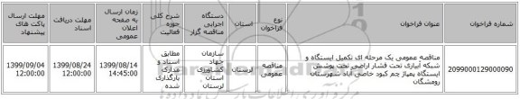 مناقصه عمومی یک مرحله ای تکمیل ایستگاه و شبکه آبیاری تحت فشار اراضی تحت پوشش ایستگاه پمپاژ چم کبود خاصی آباد شهرستان رومشگان 