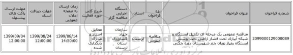 مناقصه عمومی یک مرحله ای تکمیل ایستگاه و شبکه آبیاری تحت فشار اراضی تحت پوشش ایستگاه پمپاژ زوران چم شهرستان دوره چگنی  