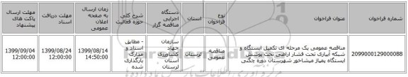 مناقصه عمومی یک مرحله ای تکمیل ایستگاه و شبکه آبیاری تحت فشار اراضی تحت پوشش ایستگاه پمپاژ میشاخور شهرستان دوره چگنی 