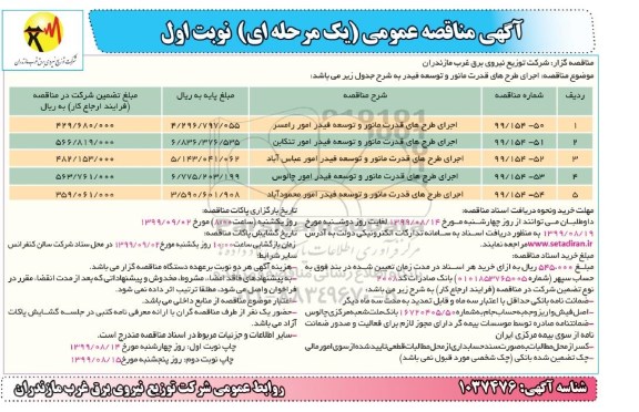 آگهی مناقصه عمومی ، مناقصه اجرای طرح های قدرت مانور و توسعه فیدر