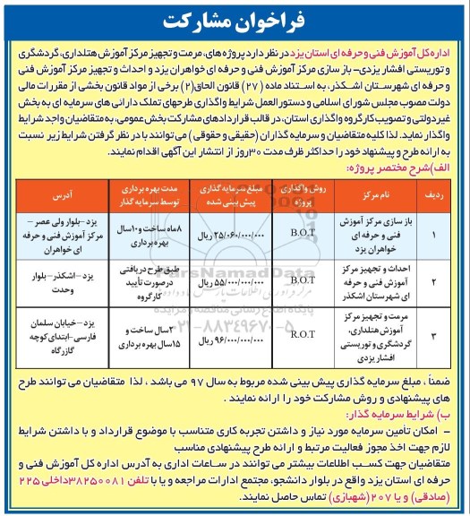 فراخوان, فراخوان مشارکت در پروژه های مرمت و تجهیز مرکز آموزش هتلداری، گردشگری و توریستی 