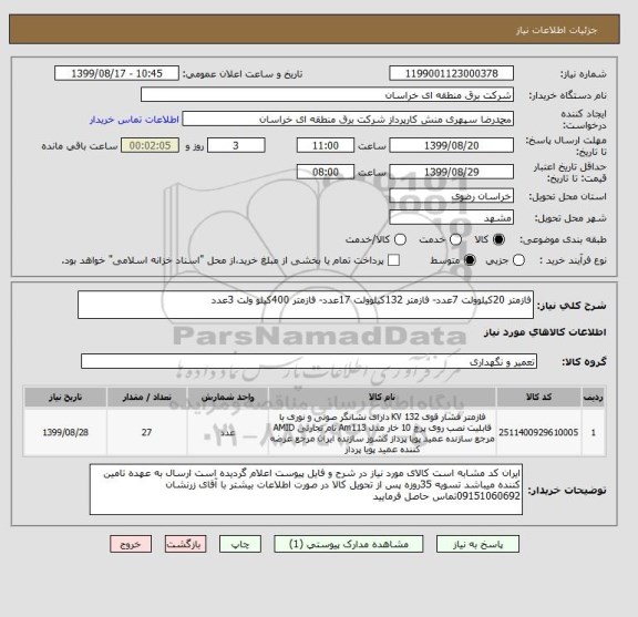 استعلام فازمتر 20کیلوولت 7عدد- فازمتر 132کیلوولت 17عدد- فازمتر 400کیلو ولت 3عدد