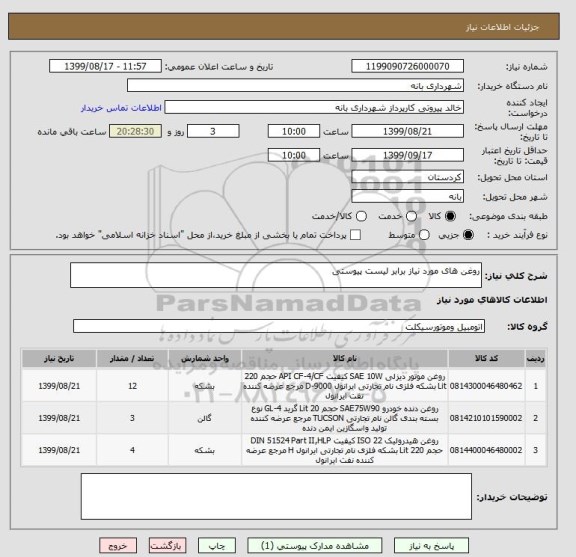 استعلام روغن های مورد نیاز برابر لیست پیوستی