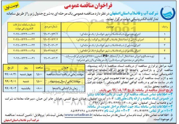 مناقصه عمومی, مناقصه اجرای بخشی از شبکه فاضلاب شهر... 