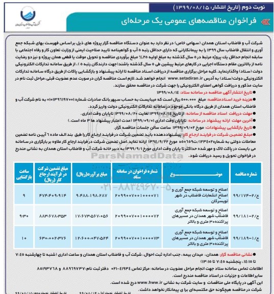 فراخوان مناقصه, مناقصه اصلاح و توسعه شبکه جمع آوری و اصلاح انشعابات فاضلاب... نوبت دوم 