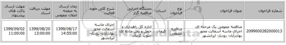 مناقصه عمومی یک مرحله ای اجرای ماسه آسفالت محور بهادرآباد- رودبار- ایرانشهر