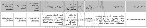 مناقصه عمومی یک مرحله ای تامین قطعات وتعمیر و سرویس و نگهداری کلیه ماشین آلات راهداری حوزه استحفاظی جنوب استان کرمان