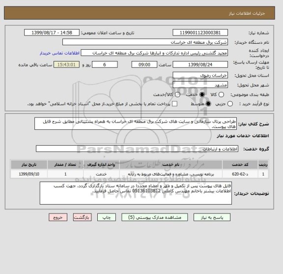 استعلام طراحی پرتال سازمانی و سایت های شرکت برق منطقه ای خراسان به همراه پشتیبانی مطابق شرح فایل های پیوست.