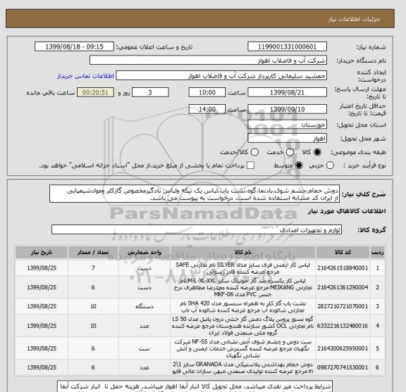 استعلام دوش حمام،چشم شوی،بادنما،گوه،نشت یاب،لباس یک تیکه ولباس بادگیرمخصوص گازکلر وموادشیمیایی
از ایران کد مشابه استفاده شده است. درخواست به پیوست می باشد.