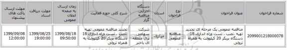 مناقصه عمومی یک مرحله ای تجدید  تهیه ،نصب ، تست وراه اندازی 18 دستگاه بریکر 20 کیلوولت به همراه ترولی 