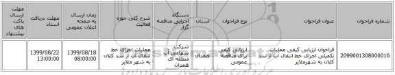 فراخوان ارزیابی کیفی عملیات تکمیلی اجرای خط انتقال آب از سد کلان به شهرملایر 