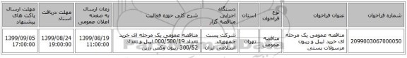 مناقصه عمومی یک مرحله ای خرید لیبل و ریبون مرسولات پستی 