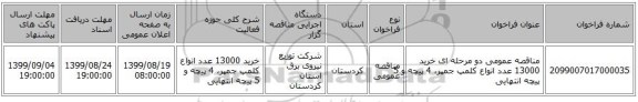 مناقصه عمومی دو مرحله ای خرید 13000 عدد انواع کلمپ جمپر، 4 پیچه و 5 پیچه انتهایی