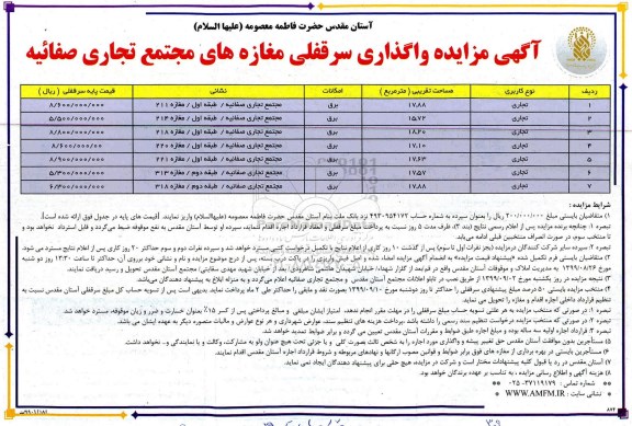 آگهی مزایده, مزایده واگذاری سرقفلی مغازه های مجتمع تجاری