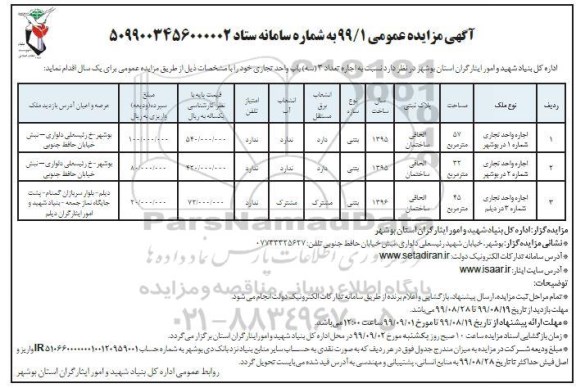 مزایده ,مزایده اجاره تعداد 3 (سه) باب واحد تجاری 