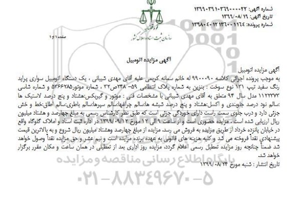 مزایده فروش یکدستگاه سواری پراید تیپ 131 مدل 94 