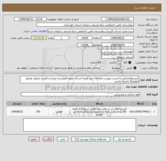 استعلام خریدموادغذایی-به لیست پیوست مراجعه شود-هزینه ارسال بعهده فروشنده میباشد-کیفیت مرغوب وتاریخ انقضابالا داشته باشند