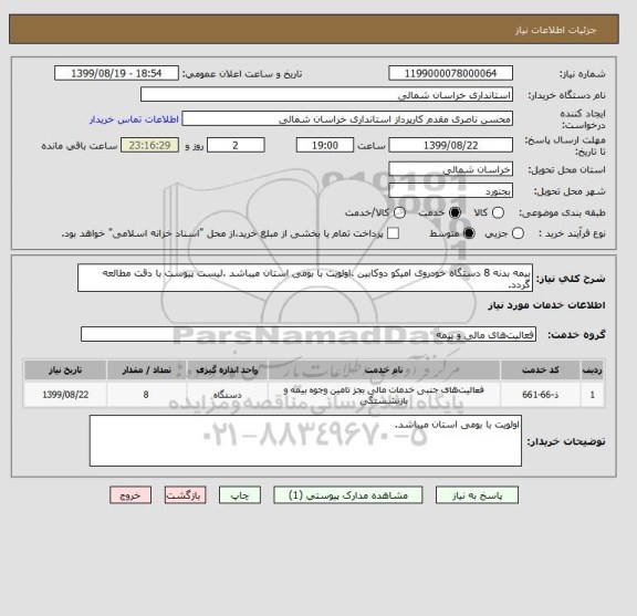 استعلام بیمه بدنه 8 دستگاه خودروی امیکو دوکابین .اولویت با بومی استان میباشد .لیست پیوست با دقت مطالعه گردد. 