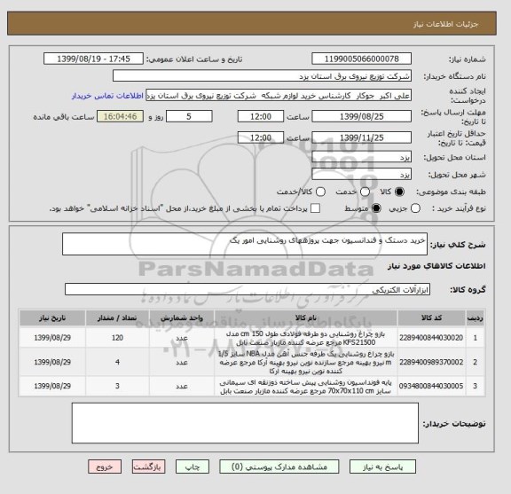 استعلام خرید دستک و فندانسیون جهت پروژههای روشنایی امور یک 