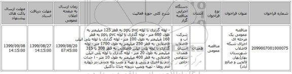 مناقصه عمومی یک مرحله ای اجرای شبکه فاضلاب شهرستان بهار(بهار، لالجین و صالح  آباد)