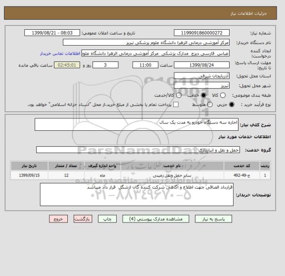 استعلام اجاره سه دستگاه خودرو به مدت یک سال 