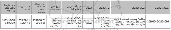 مناقصه عمومی همزمان با ارزیابی (فشرده) یک مرحله ای تکمیل هنرستان دارالفنون  سیمان زاوه 