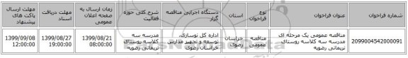 مناقصه عمومی یک مرحله ای مدرسه سه کلاسه روستای  نریمانی رضویه 