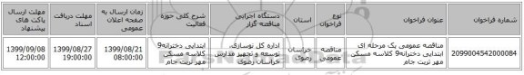 مناقصه عمومی یک مرحله ای ابتدایی دخترانه9 کلاسه مسکن مهر تربت جام