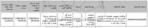 مناقصه عمومی همزمان با ارزیابی (فشرده) یک مرحله ای استاندارد سازی تاسیسات گرمایشی  منطقه تفتان ( نوک آباد )