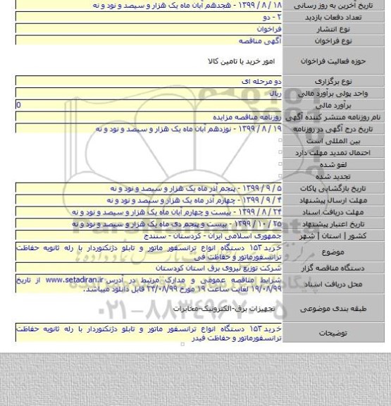 خرید ۱۵۳ دستگاه انواع ترانسفور ماتور و تابلو دژنکتوردار با رله ثانویه حفاظت ترانسفورماتور و حفاظت فی