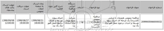 مناقصه عمومی همزمان با ارزیابی (فشرده) یک مرحله ای اجرای پروژه توسعه و احداث درحوزه عمل امور برق یک یزد 