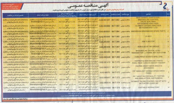 مناقصه، مناقصه SEAT GASKET / PARTS FOR/  و...