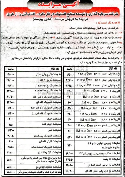 آگهی مزایده , مزایده نخ دولا پلی استر 1300 den درجه 2 و ...